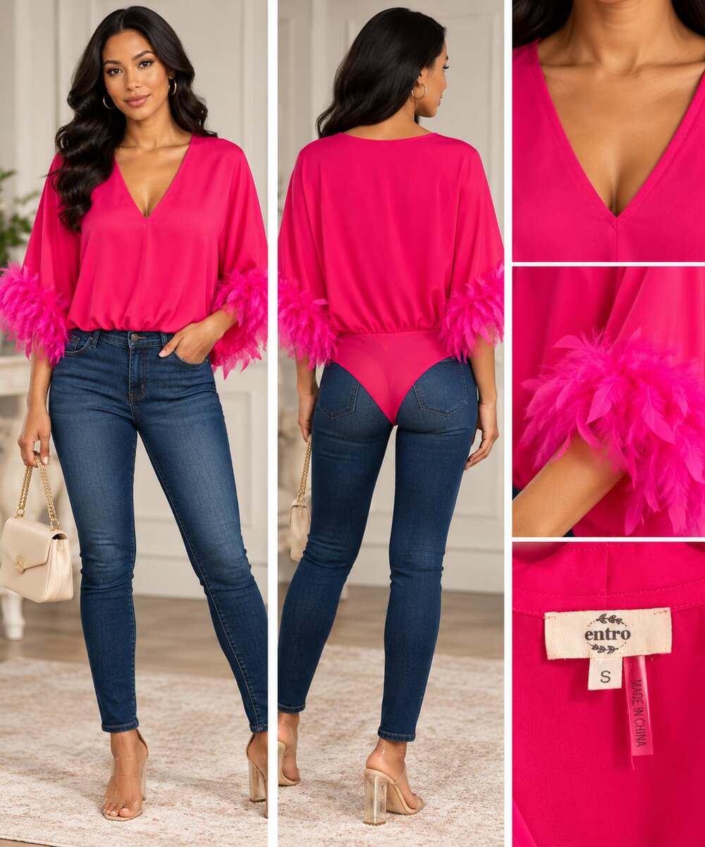 Entro Feather Cuff Bodysuit Size S Hot Pink V-Neck